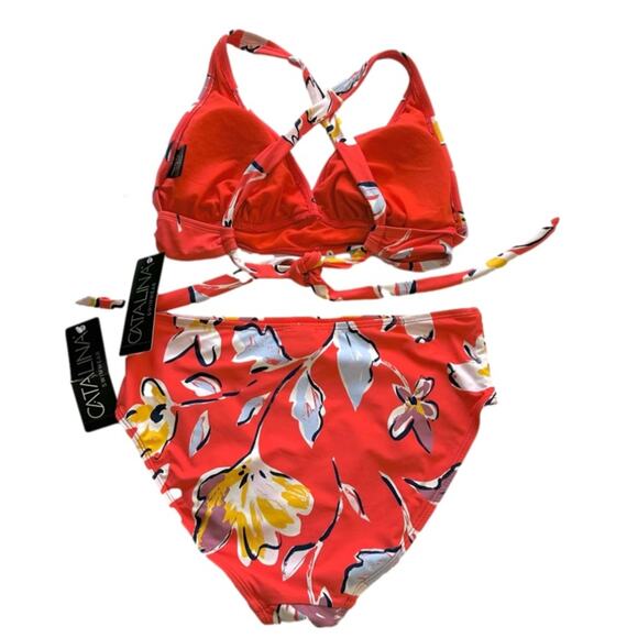Catalina Bikini Set Red Floral Tie Back Top High Waisted Bottom Swim Small NEW - Picture 5 of 12